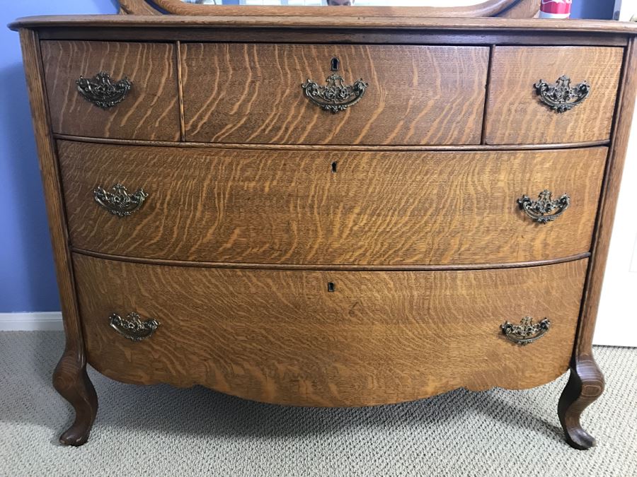 Antique Bow Front Chest Of Drawers Dresser With Beveled Glass Swivel Mirror [Photo 8]