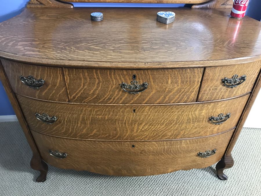 Antique Bow Front Chest Of Drawers Dresser With Beveled Glass Swivel Mirror [Photo 7]
