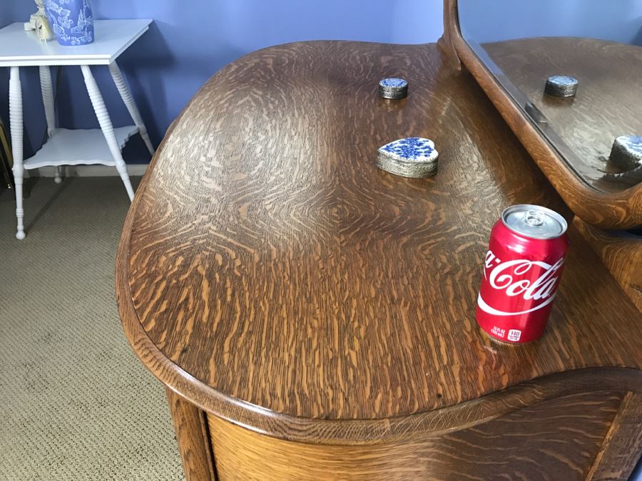 Antique Bow Front Chest Of Drawers Dresser With Beveled Glass Swivel Mirror [Photo 5]