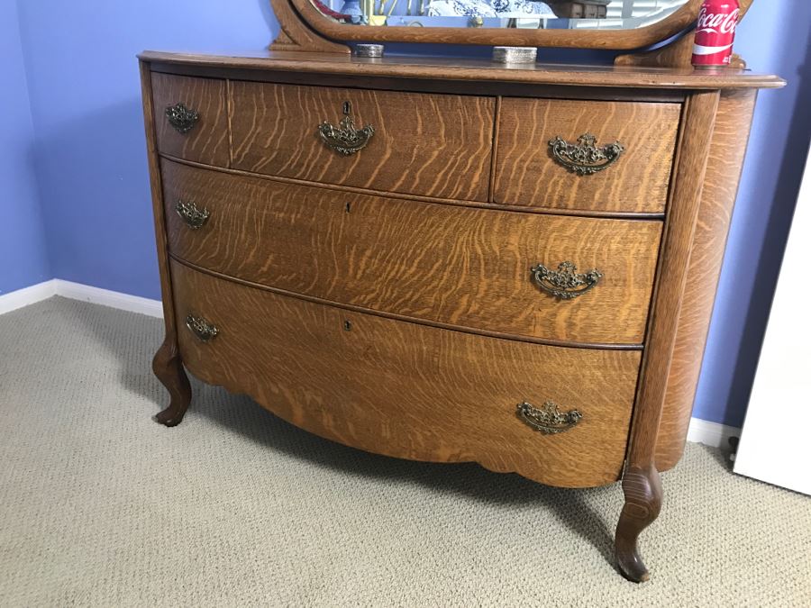 Antique Bow Front Chest Of Drawers Dresser With Beveled Glass Swivel Mirror [Photo 3]