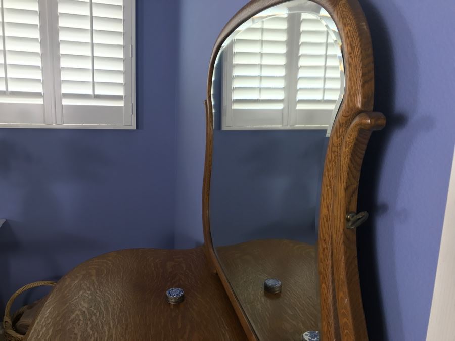 Antique Bow Front Chest Of Drawers Dresser With Beveled Glass Swivel Mirror [Photo 6]