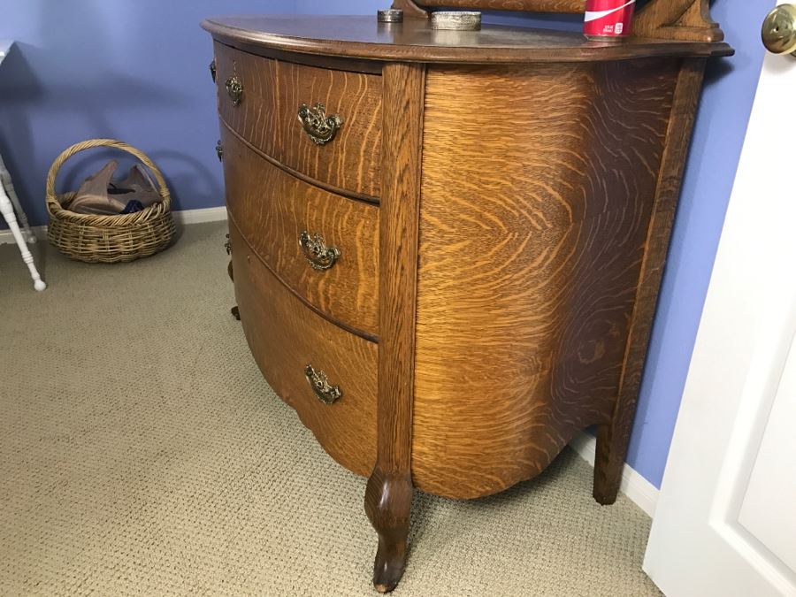 Antique Bow Front Chest Of Drawers Dresser With Beveled Glass Swivel Mirror [Photo 4]