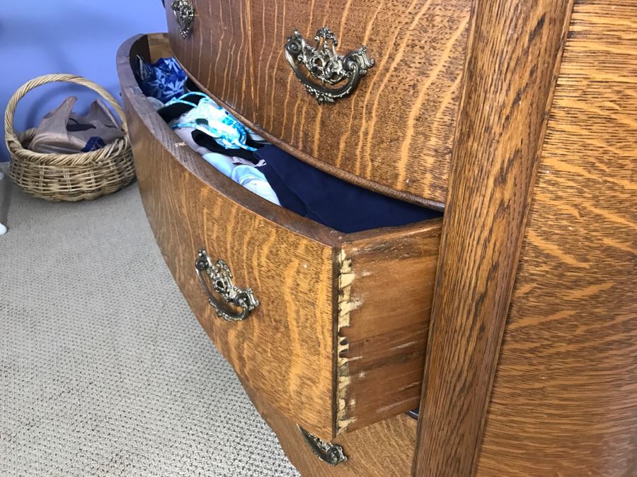 Antique Bow Front Chest Of Drawers Dresser With Beveled Glass Swivel Mirror [Photo 11]