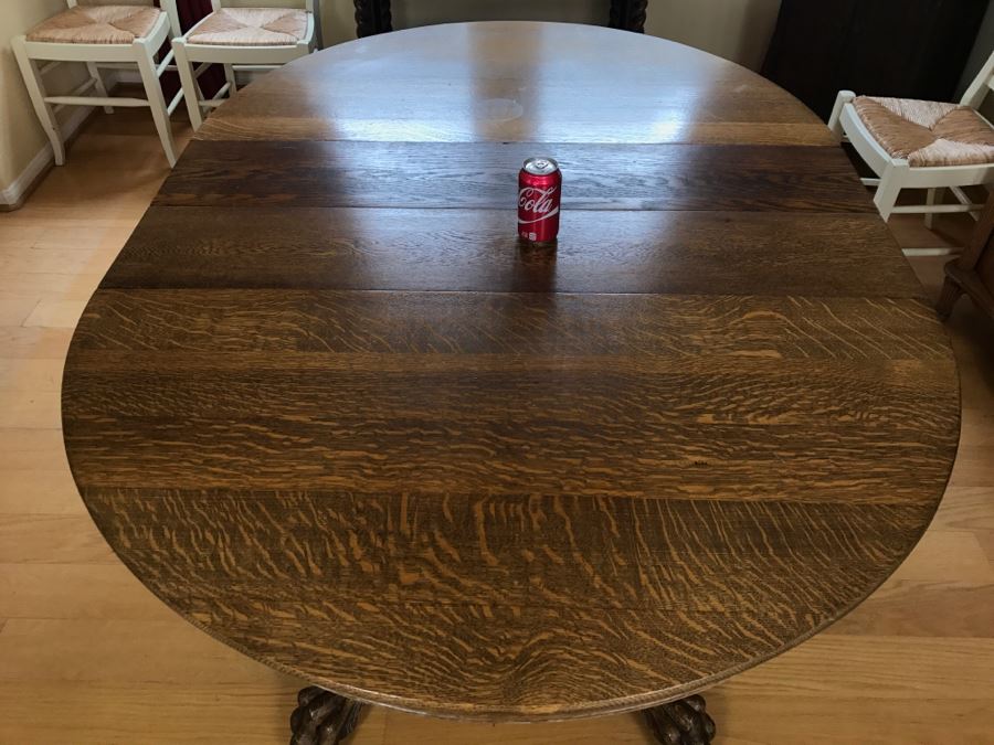 Antique Tiger Oak Dining Table With Claw Feet And Two Leaves [Photo 7]