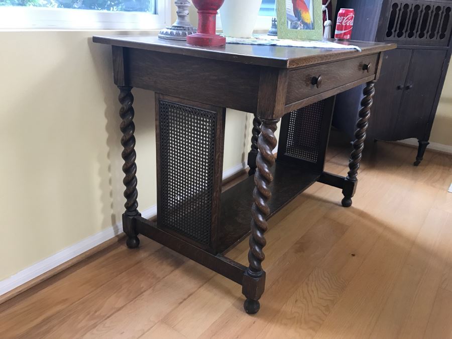 Antique Barly Twist Table With Drawer And Cane Sides [Photo 3]