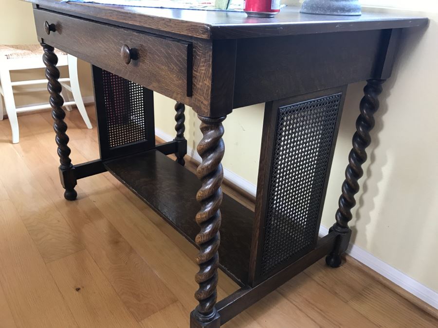 Antique Barly Twist Table With Drawer And Cane Sides [Photo 9]