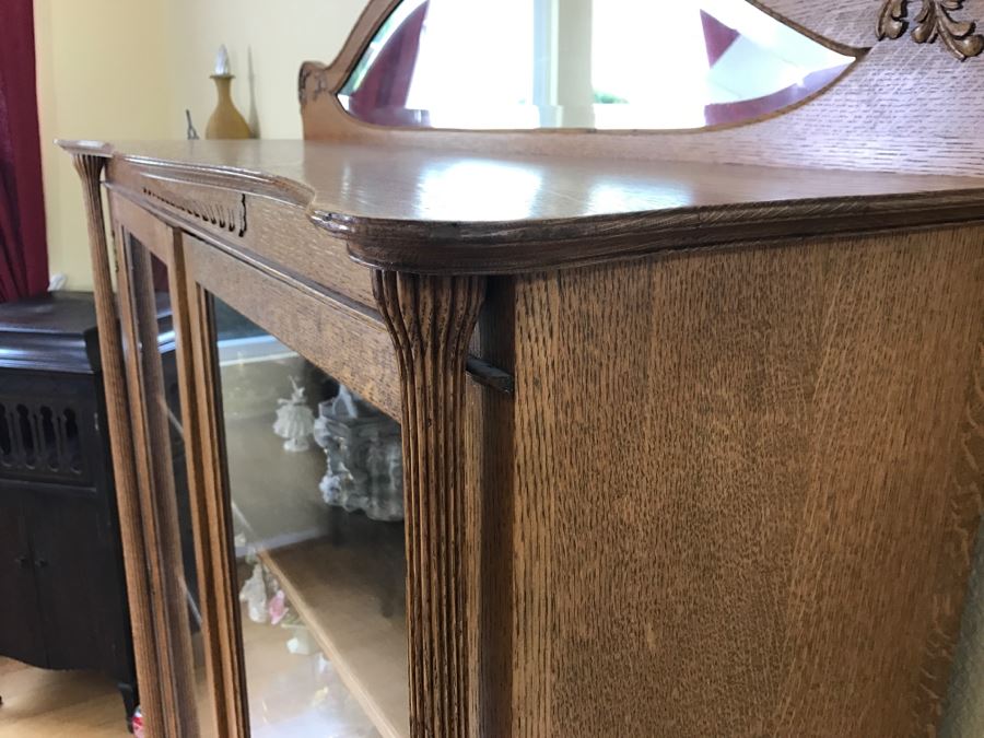 Stunning Tiger Oak Glass Front Curio Cabinet With Beveled Glass Mirror And Nice Wood Carvings [Photo 7]