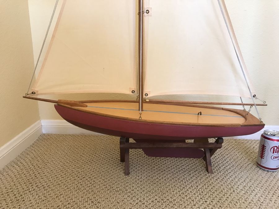 Large Decorative Wooden Sailboat Ship With Stand [Photo 2]