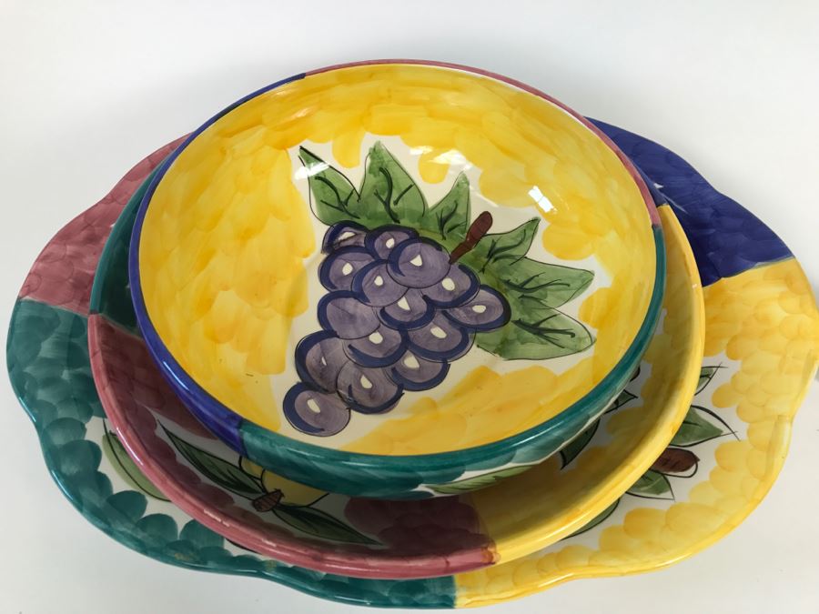 (2) Large Bowls And Platter - Fruita De Roma Tabletops Unlimited Hand Painted [Photo 3]