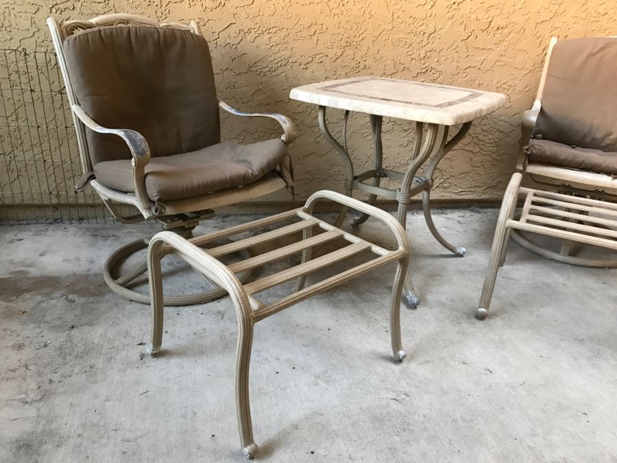 Outdoor Aluminum Patio Furniture With (2) Swivel Rocking Chairs With Ottomans And Matching Table