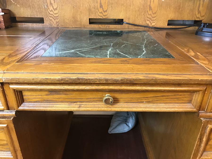 Unique Roll Top Oak Desk With Marble Top And (3) Secret Compartments (See Photos) [Photo 8]