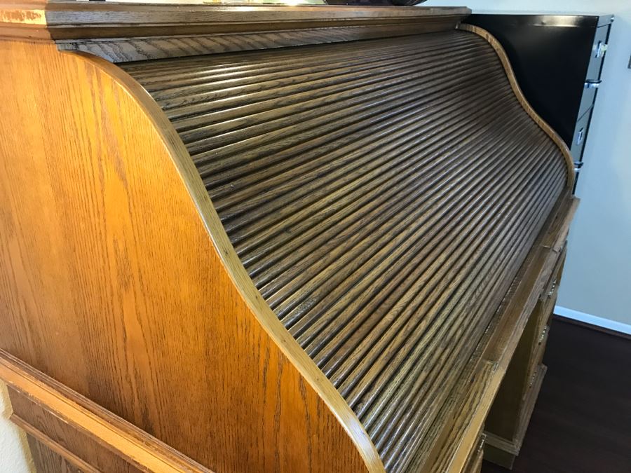 Unique Roll Top Oak Desk With Marble Top And (3) Secret Compartments (See Photos) [Photo 5]