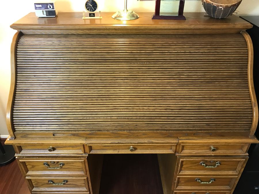 Unique Roll Top Oak Desk With Marble Top And (3) Secret Compartments (See Photos) [Photo 4]