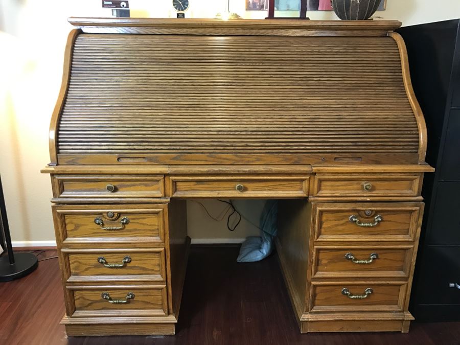 Unique Roll Top Oak Desk With Marble Top And (3) Secret Compartments (See Photos) [Photo 1]