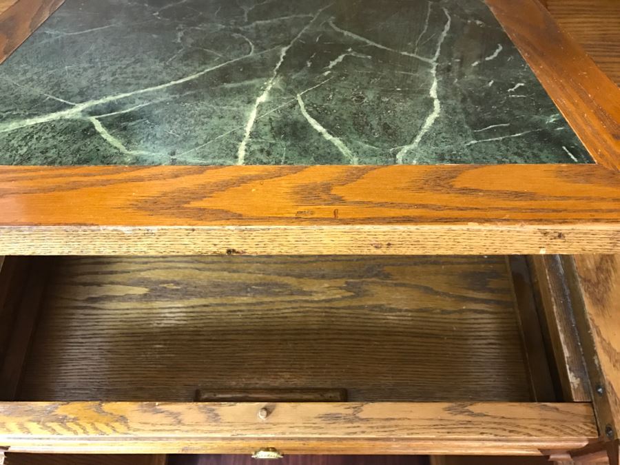 Unique Roll Top Oak Desk With Marble Top And (3) Secret Compartments (See Photos) [Photo 9]