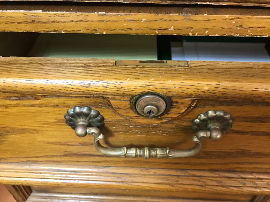 Unique Roll Top Oak Desk With Marble Top And (3) Secret Compartments (See Photos) [Photo 22]