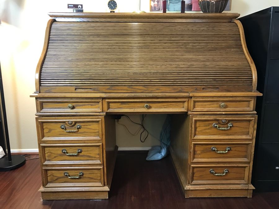 Unique Roll Top Oak Desk With Marble Top And (3) Secret Compartments (See Photos) [Photo 3]