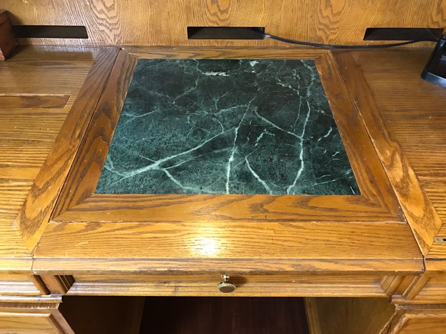 Unique Roll Top Oak Desk With Marble Top And (3) Secret Compartments (See Photos) [Photo 6]