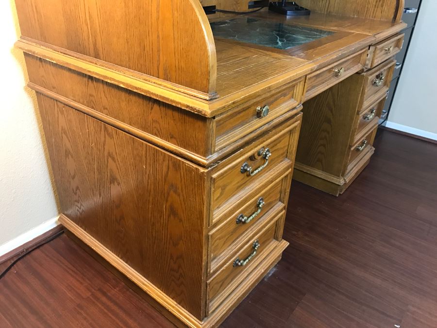 Unique Roll Top Oak Desk With Marble Top And 3 Secret