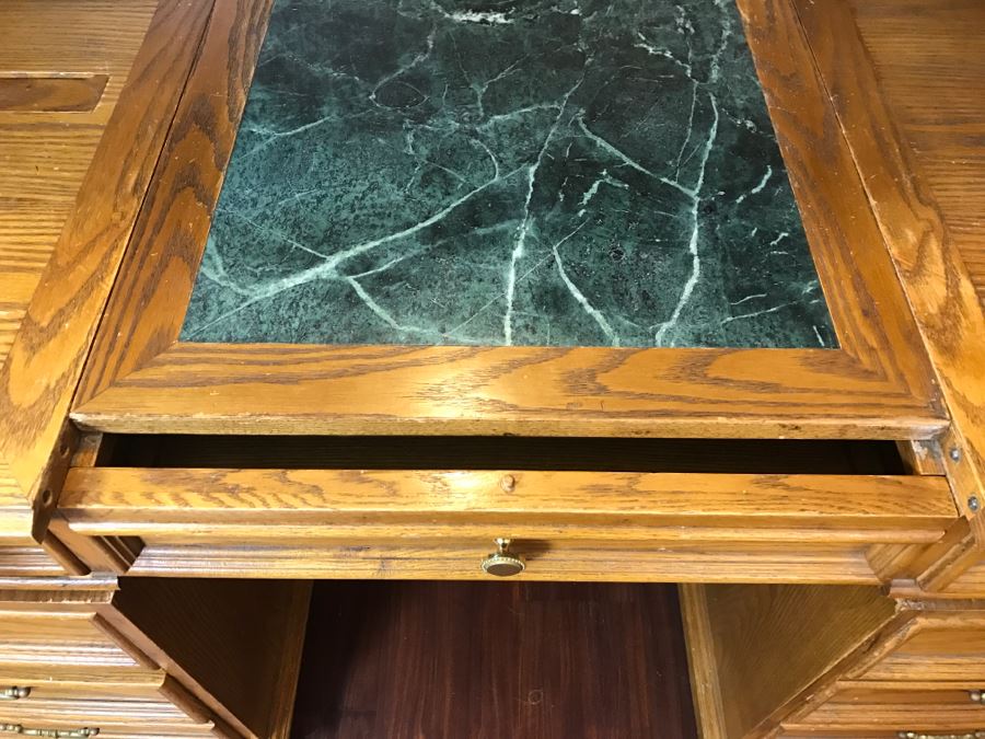 Unique Roll Top Oak Desk With Marble Top And (3) Secret Compartments (See Photos) [Photo 11]