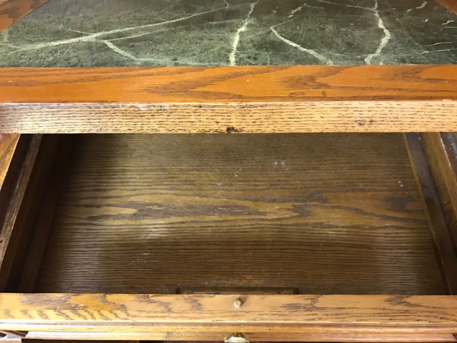 Unique Roll Top Oak Desk With Marble Top And (3) Secret Compartments (See Photos) [Photo 10]