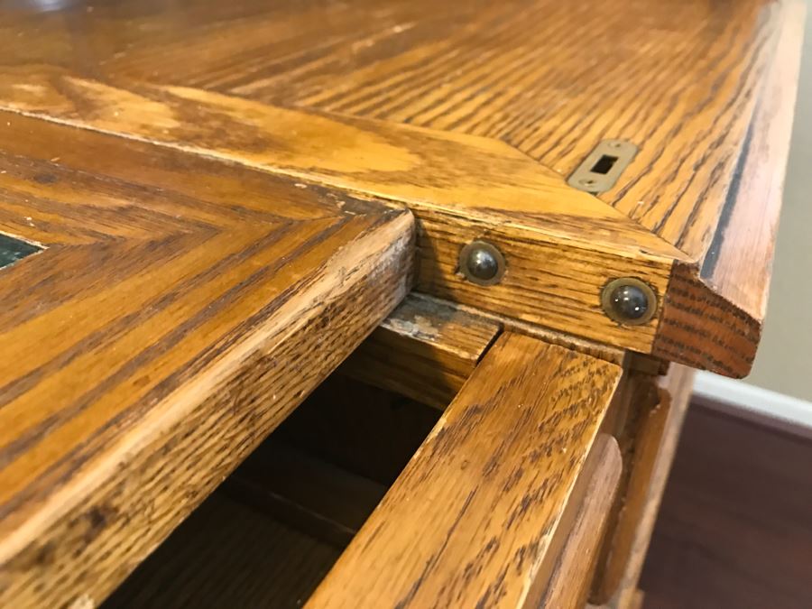 Unique Roll Top Oak Desk With Marble Top And (3) Secret Compartments (See Photos) [Photo 13]