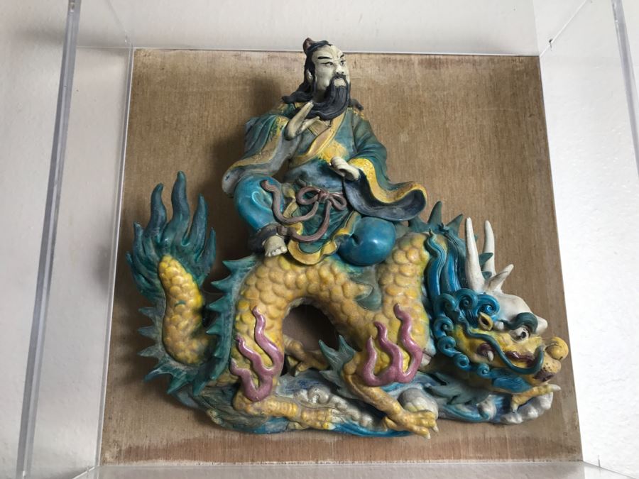 Antique Chinese Painted Temple Roof Ornament SIGNED Mythological Warrior Riding Mythical Dragon Serpent In Lucite Presentation Box Purchased In China [Photo 12]