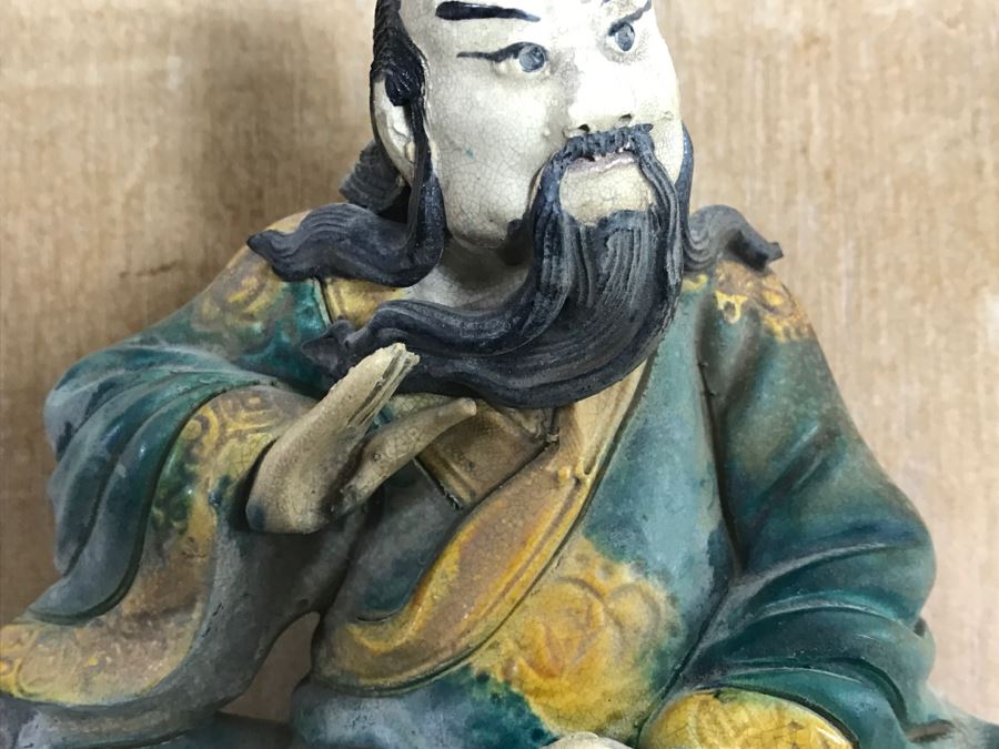 Antique Chinese Painted Temple Roof Ornament SIGNED Mythological Warrior Riding Mythical Dragon Serpent In Lucite Presentation Box Purchased In China [Photo 16]