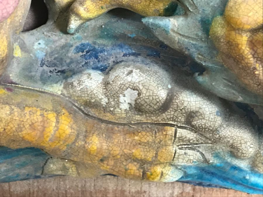 Antique Chinese Painted Temple Roof Ornament SIGNED Mythological Warrior Riding Mythical Dragon Serpent In Lucite Presentation Box Purchased In China [Photo 18]