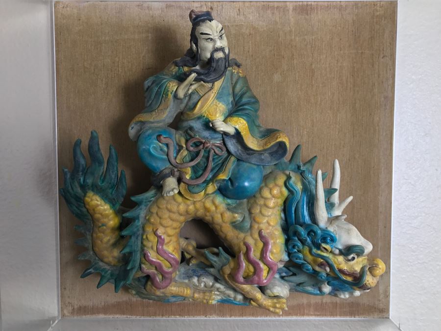 Antique Chinese Painted Temple Roof Ornament SIGNED Mythological Warrior Riding Mythical Dragon Serpent In Lucite Presentation Box Purchased In China [Photo 6]