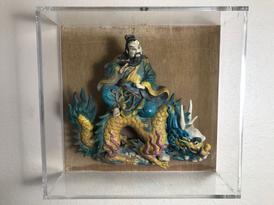 Antique Chinese Painted Temple Roof Ornament SIGNED Mythological Warrior Riding Mythical Dragon Serpent In Lucite Presentation Box Purchased In China [Photo 2]