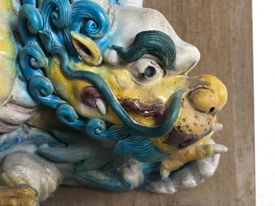 Antique Chinese Painted Temple Roof Ornament SIGNED Mythological Warrior Riding Mythical Dragon Serpent In Lucite Presentation Box Purchased In China [Photo 5]
