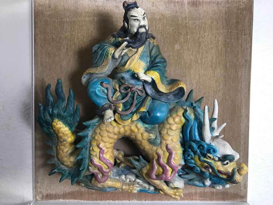 Antique Chinese Painted Temple Roof Ornament SIGNED Mythological Warrior Riding Mythical Dragon Serpent In Lucite Presentation Box Purchased In China [Photo 17]