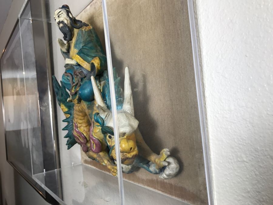 Antique Chinese Painted Temple Roof Ornament SIGNED Mythological Warrior Riding Mythical Dragon Serpent In Lucite Presentation Box Purchased In China [Photo 8]