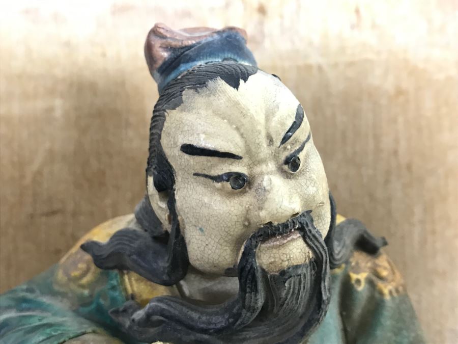 Antique Chinese Painted Temple Roof Ornament SIGNED Mythological Warrior Riding Mythical Dragon Serpent In Lucite Presentation Box Purchased In China [Photo 15]