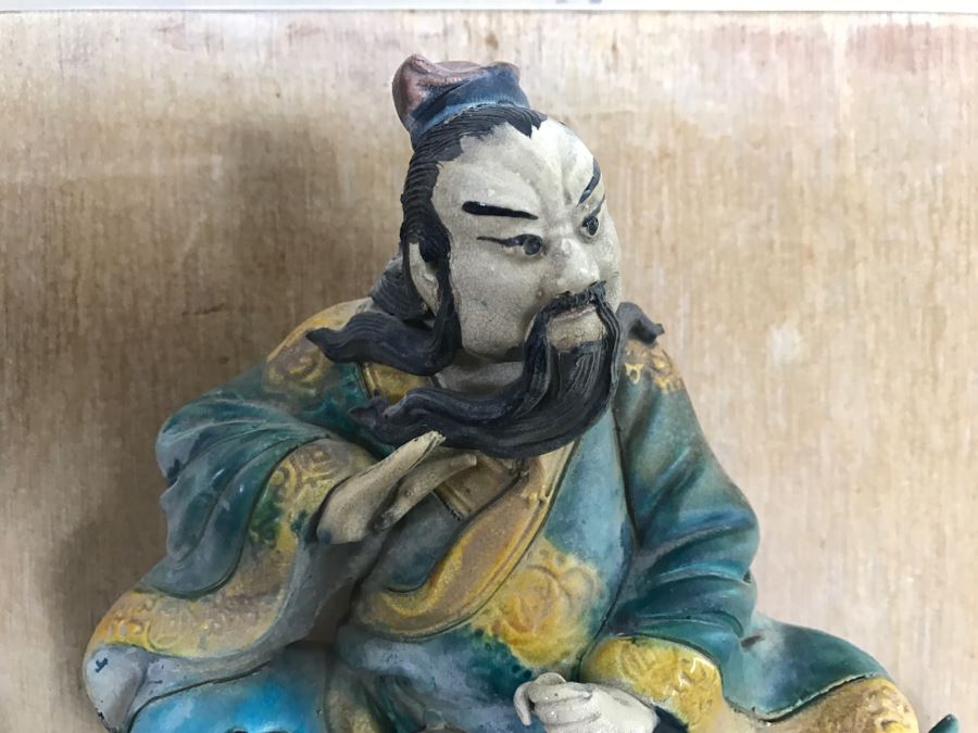 Antique Chinese Painted Temple Roof Ornament SIGNED Mythological Warrior Riding Mythical Dragon Serpent In Lucite Presentation Box Purchased In China [Photo 11]