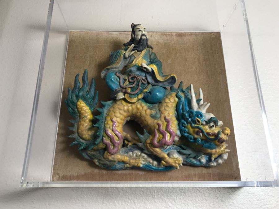 Antique Chinese Painted Temple Roof Ornament SIGNED Mythological Warrior Riding Mythical Dragon Serpent In Lucite Presentation Box Purchased In China [Photo 13]