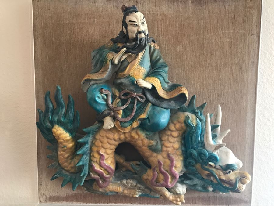 Antique Chinese Painted Temple Roof Ornament SIGNED Mythological Warrior Riding Mythical Dragon Serpent In Lucite Presentation Box Purchased In China [Photo 19]