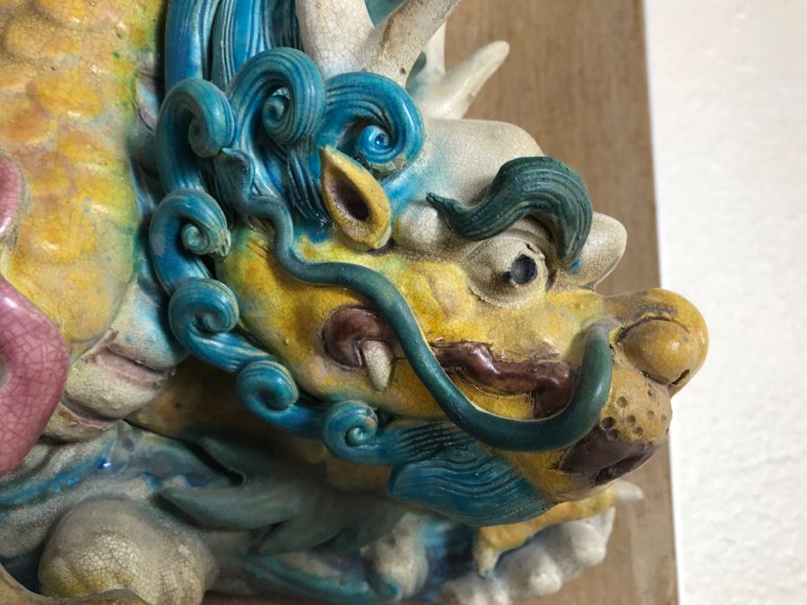 Antique Chinese Painted Temple Roof Ornament SIGNED Mythological Warrior Riding Mythical Dragon Serpent In Lucite Presentation Box Purchased In China [Photo 10]