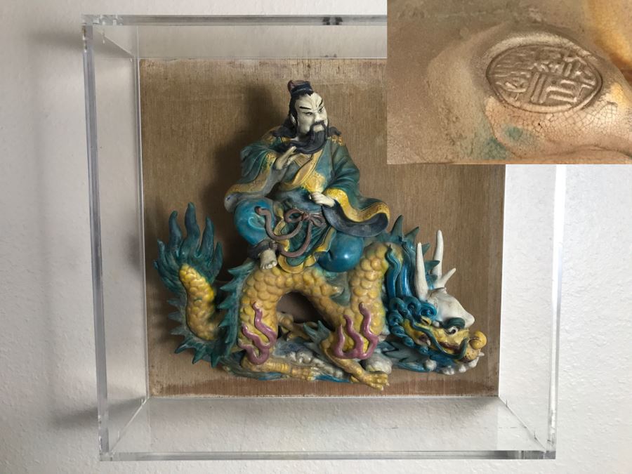 Antique Chinese Painted Temple Roof Ornament SIGNED Mythological Warrior Riding Mythical Dragon Serpent In Lucite Presentation Box Purchased In China