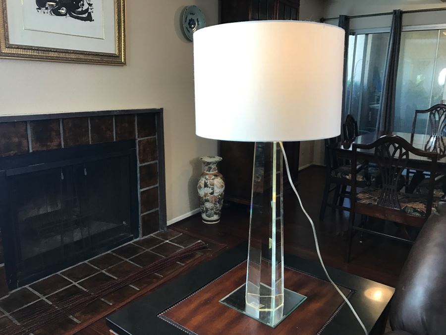 Pair Of Contemporary [Correction] Heavy Glass Lamps (Note One Shade Is Damaged) [Photo 1]