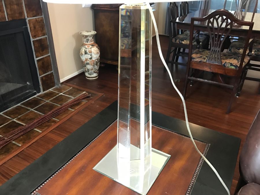 Pair Of Contemporary [Correction] Heavy Glass Lamps (Note One Shade Is Damaged) [Photo 2]