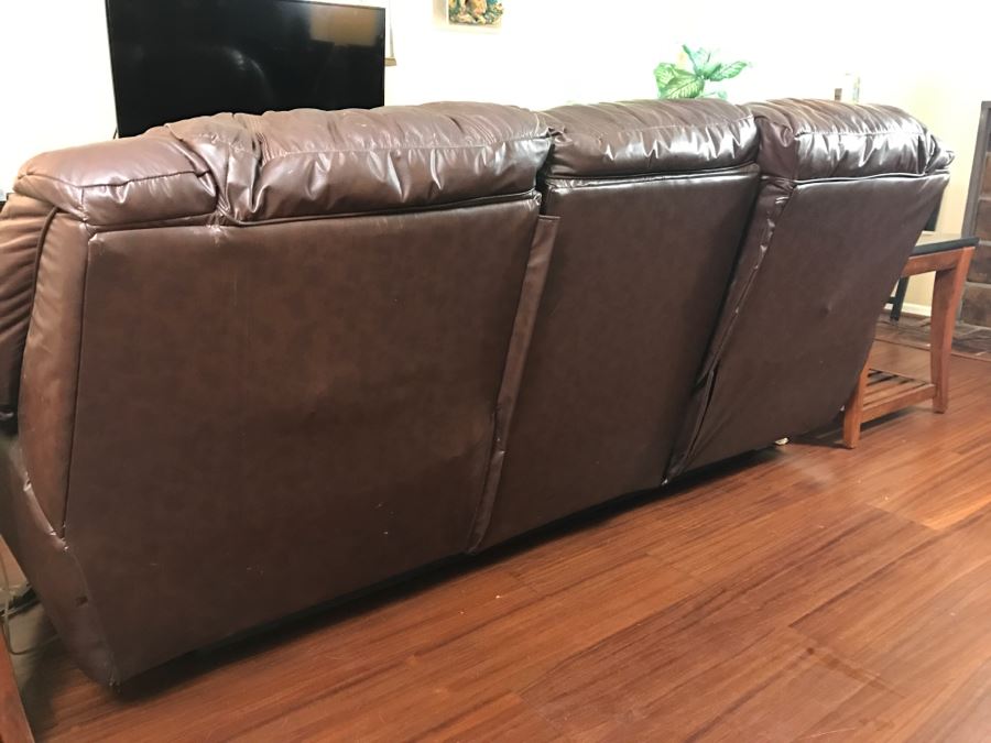 Brown Leather Sofa Couch (Note: Leather Needs Patching On Left Arm As Shown In Photos) [Photo 11]