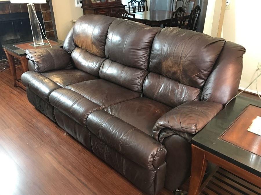 Brown Leather Sofa Couch (Note: Leather Needs Patching On Left Arm As Shown In Photos) [Photo 1]