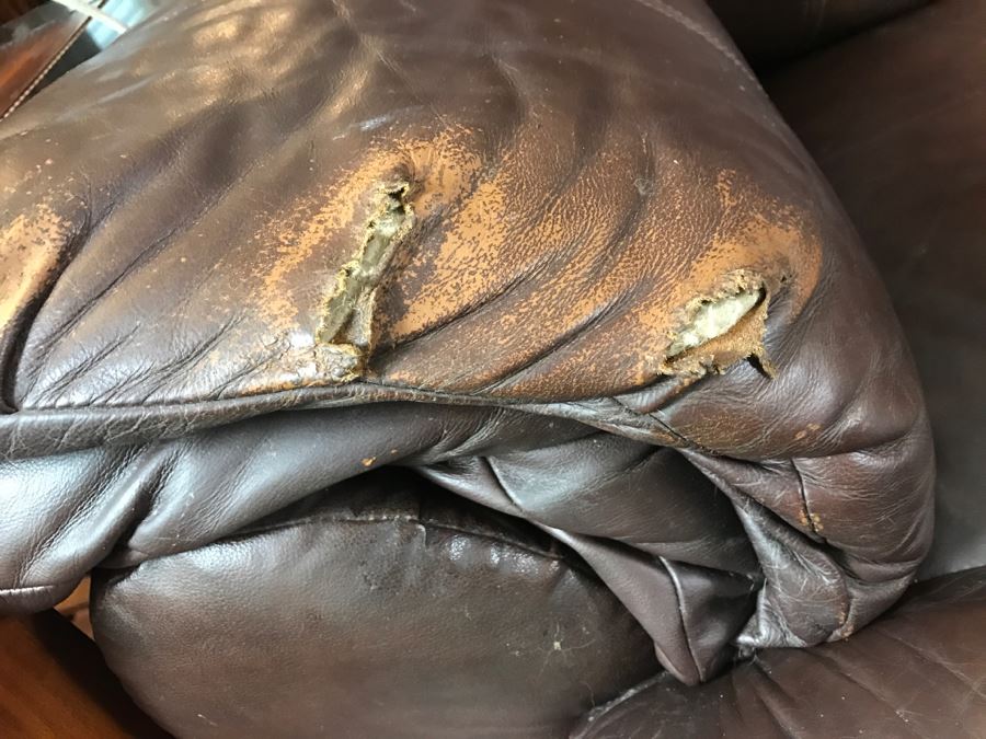 Brown Leather Sofa Couch (Note: Leather Needs Patching On Left Arm As Shown In Photos) [Photo 7]