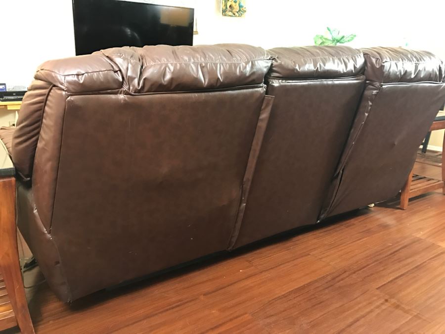Brown Leather Sofa Couch (Note: Leather Needs Patching On Left Arm As Shown In Photos) [Photo 10]