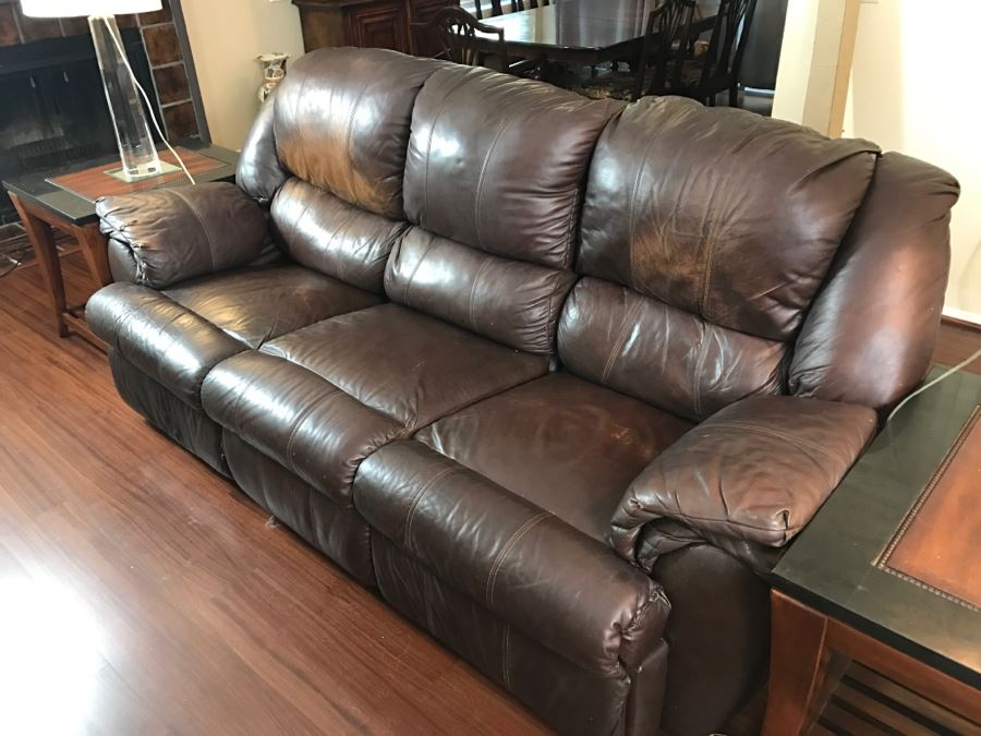 Brown Leather Sofa Couch (Note: Leather Needs Patching On Left Arm As Shown In Photos) [Photo 2]