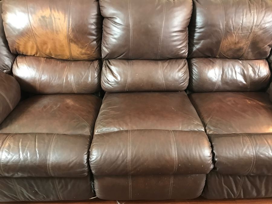 Brown Leather Sofa Couch (Note: Leather Needs Patching On Left Arm As Shown In Photos) [Photo 5]
