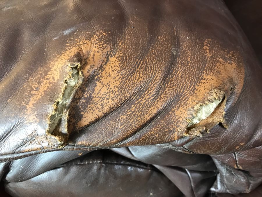 Brown Leather Sofa Couch (Note: Leather Needs Patching On Left Arm As Shown In Photos) [Photo 8]