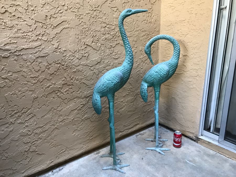 Pair Of Metal Blue Patina Garden Yard Birds Egrets [Photo 2]